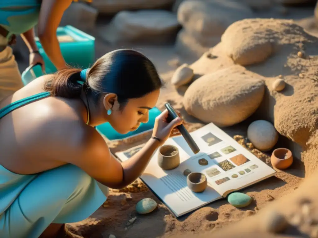 Detalle de excavación arqueológica maya con análisis paleobotánico del polen, fusionando historia y ciencia