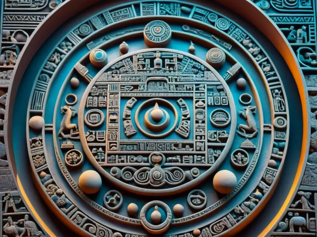 Detalle excepcional de calendario astronómico maya esculpido en piedra mostrando símbolos celestiales