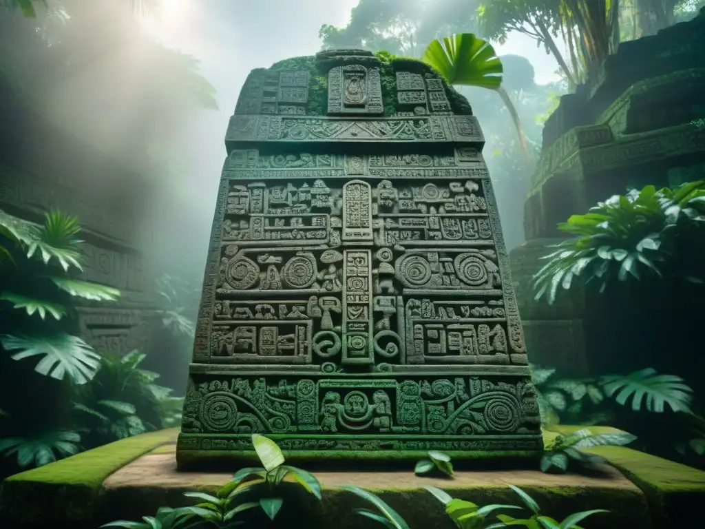 Detalle excepcional de estela maya en selva verde: decodificación símbolos estelas mayas