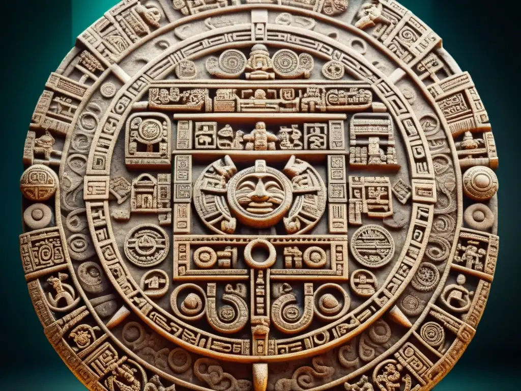 Detalle excepcional de la piedra del calendario maya en luz suave, resaltando símbolos y glifos