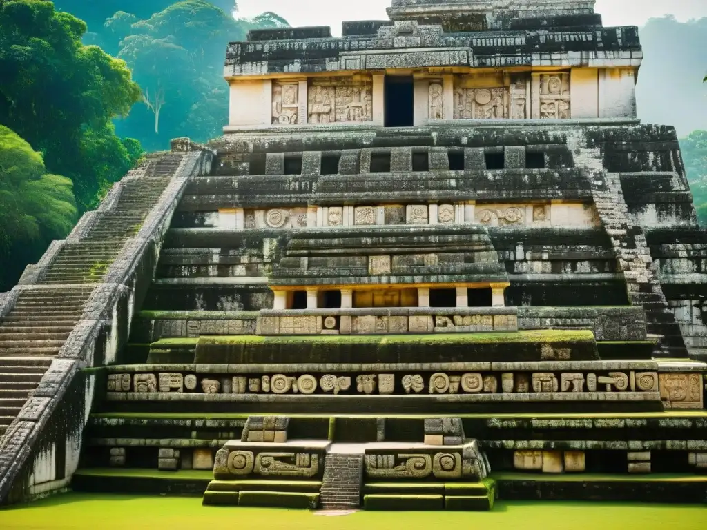 Detalle excepcional de las tallas en piedra del Templo de las Inscripciones en Palenque, resaltando las construcciones mayas resistentes al tiempo