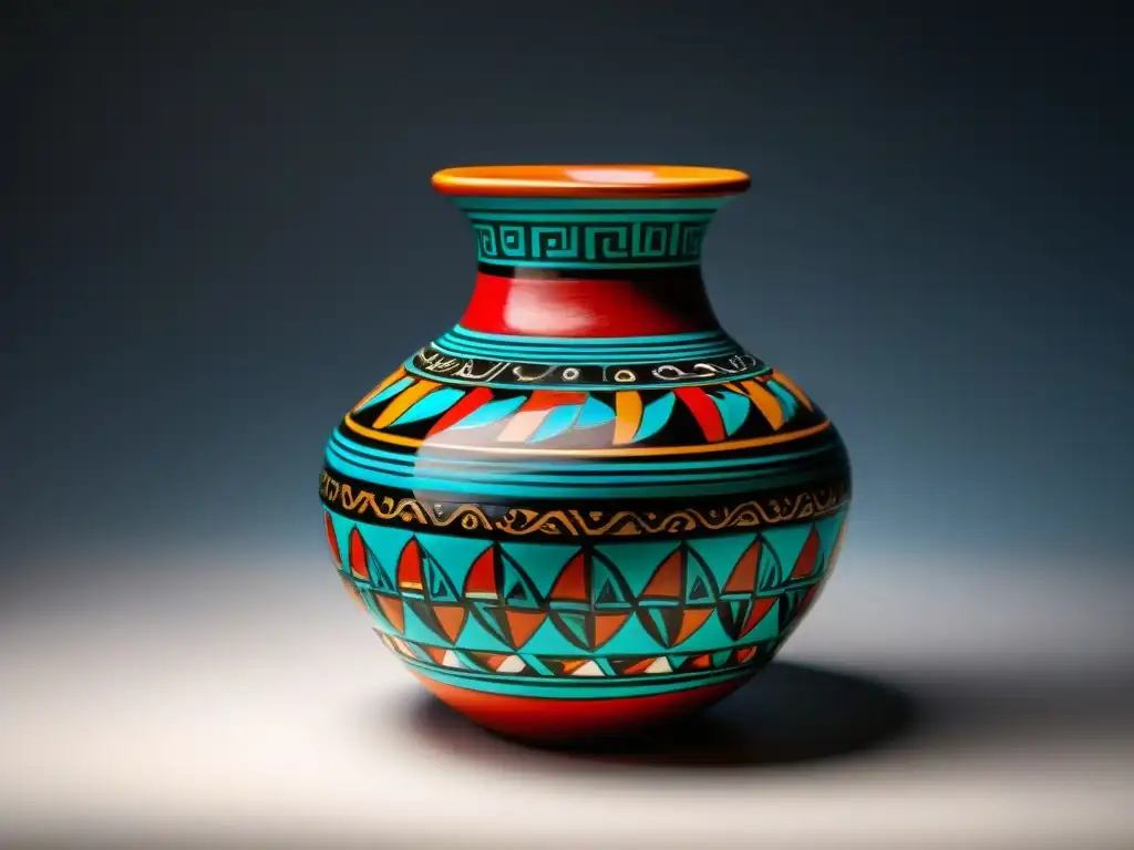 Detalle de una exquisita vasija cerámica maya, con vibrantes colores y patrones simbólicos