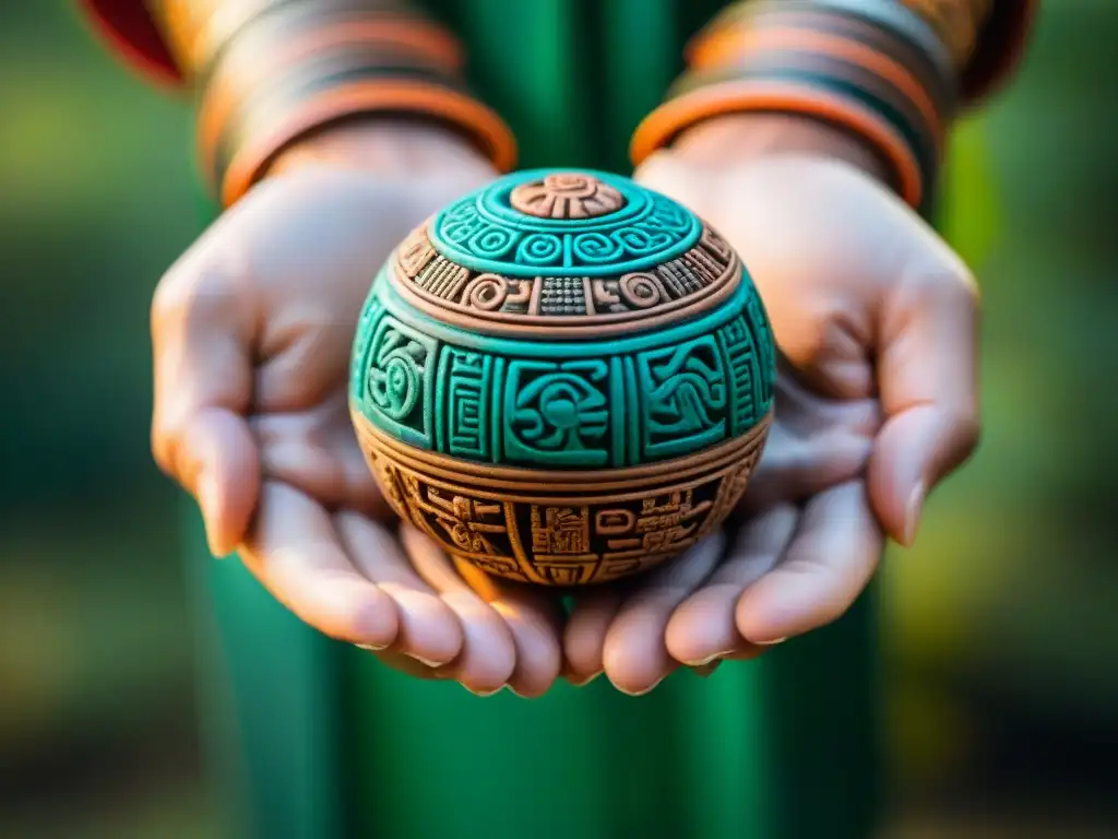 Detalle exquisito del antiguo balón de caucho maya para el Juego de Pelota, resaltando su valor histórico y cultural