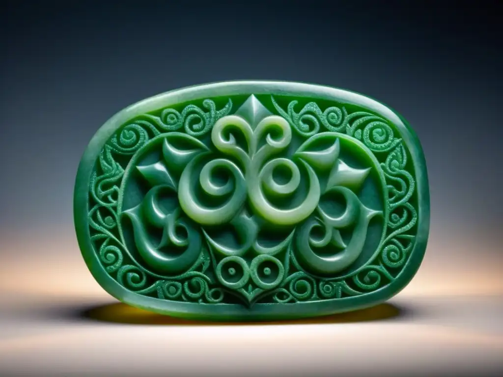 Detalle exquisito de un artefacto maya de jade, resaltando la inversión en arte maya