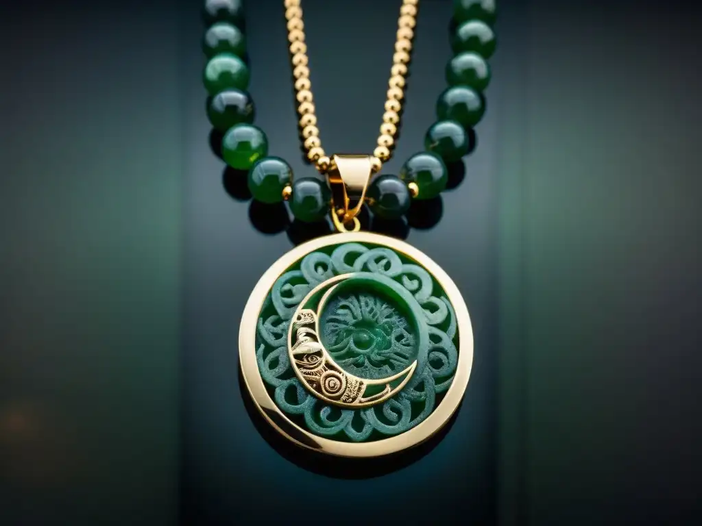 Detalle exquisito de un collar maya de jade, con símbolos sol, luna y estrellas sobre terciopelo oscuro, joyas mayas impacto cultural sociedad