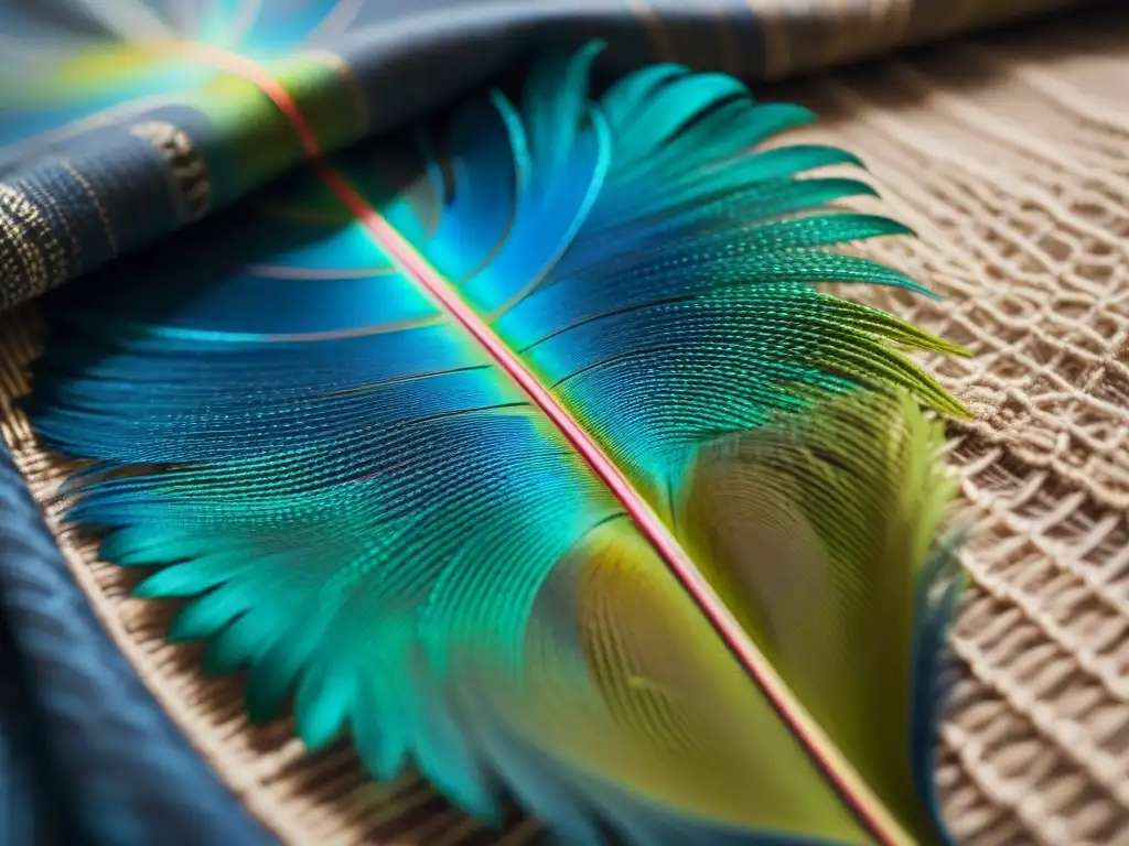 Detalle exquisito de una pluma de quetzal sobre textil maya, resaltando el significado de las plumas mayas