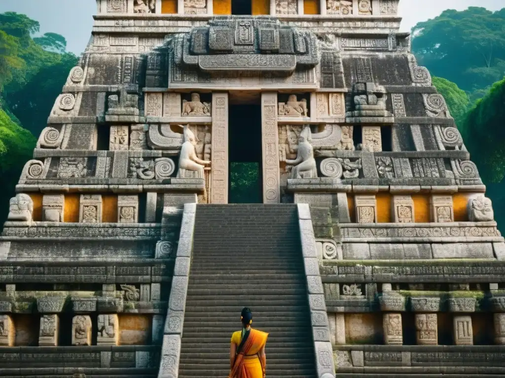 Detalle del estuco en la fachada del Templo de las Inscripciones en Palenque, resaltando la arquitectura maya