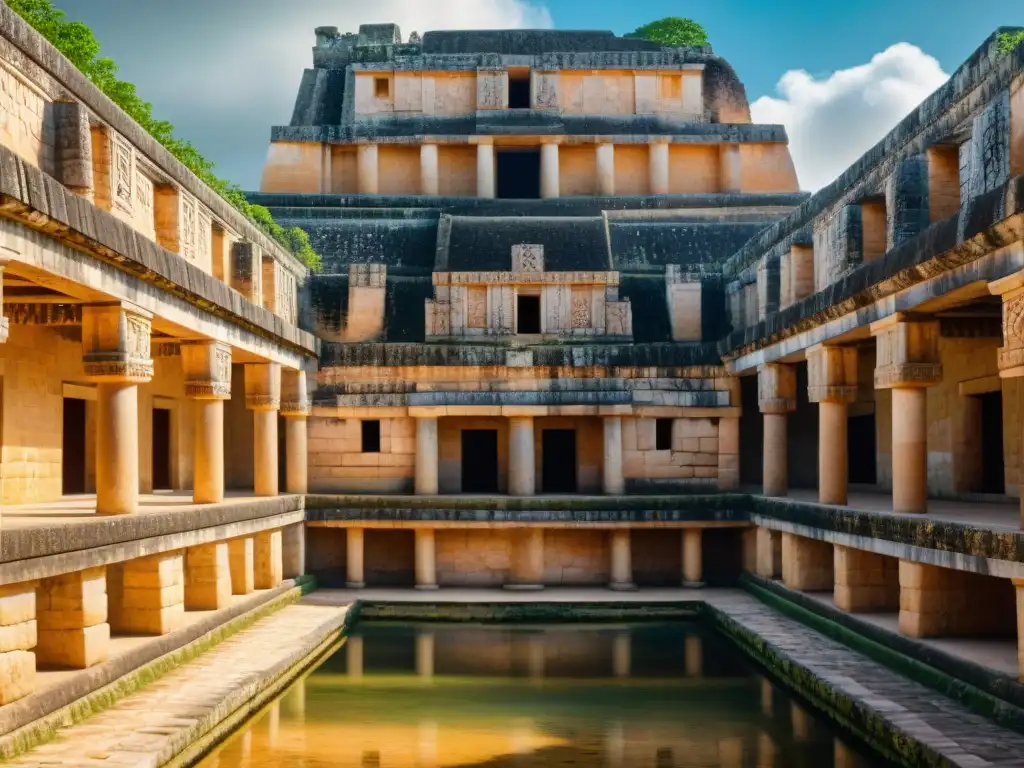 Detalle fascinante de la herencia cultural maya en Uxmal, mostrando la complejidad de las tallas en piedra