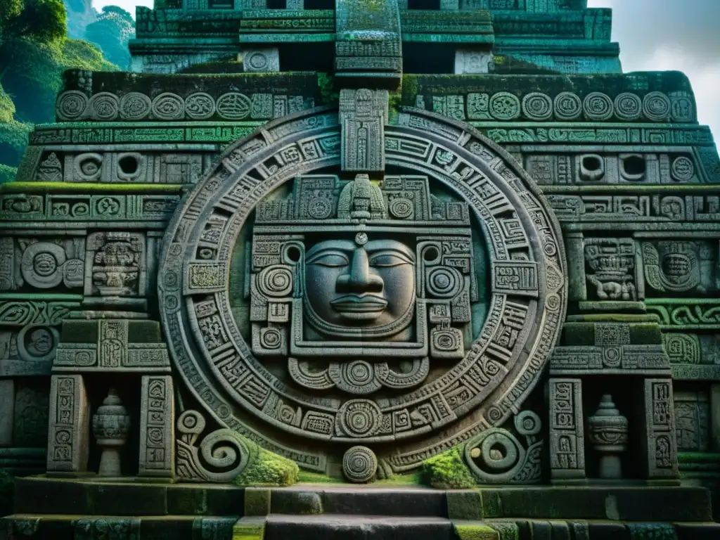 Detalle fascinante de las intrincadas tallas del calendario maya en Tikal, resaltando la dualidad tiempo espacio pensamiento maya