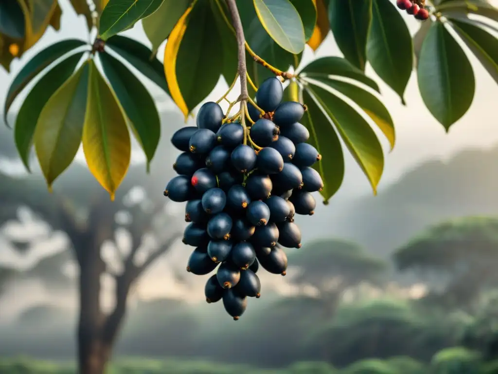 Detalle fascinante del zapote negro maduro cargado de frutos negros brillantes