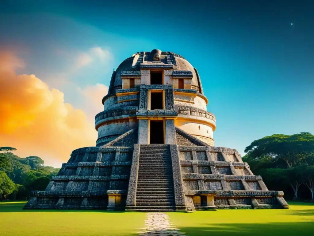 Detalle fascinante del observatorio maya El Caracol, revelando su compleja arquitectura y conexión con los astros