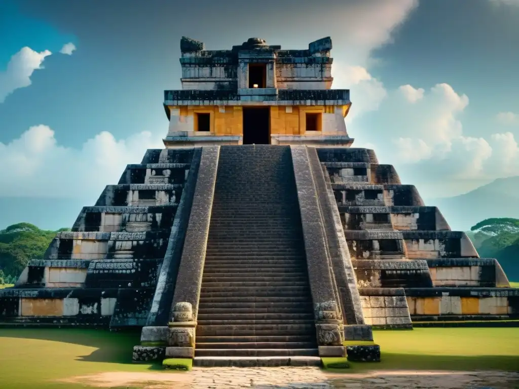 Detalle fascinante del Observatorio maya Chichén Itzá, resaltando su precisión arquitectónica y simbolismo ancestral