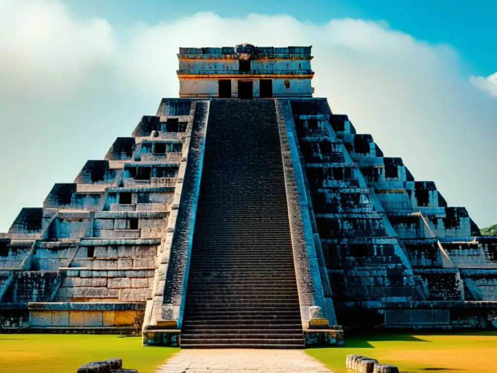 Detalle fascinante del Templo de Kukulcán en Chichén Itzá, mostrando la simetría arquitectónica y juegos de luz y sombra