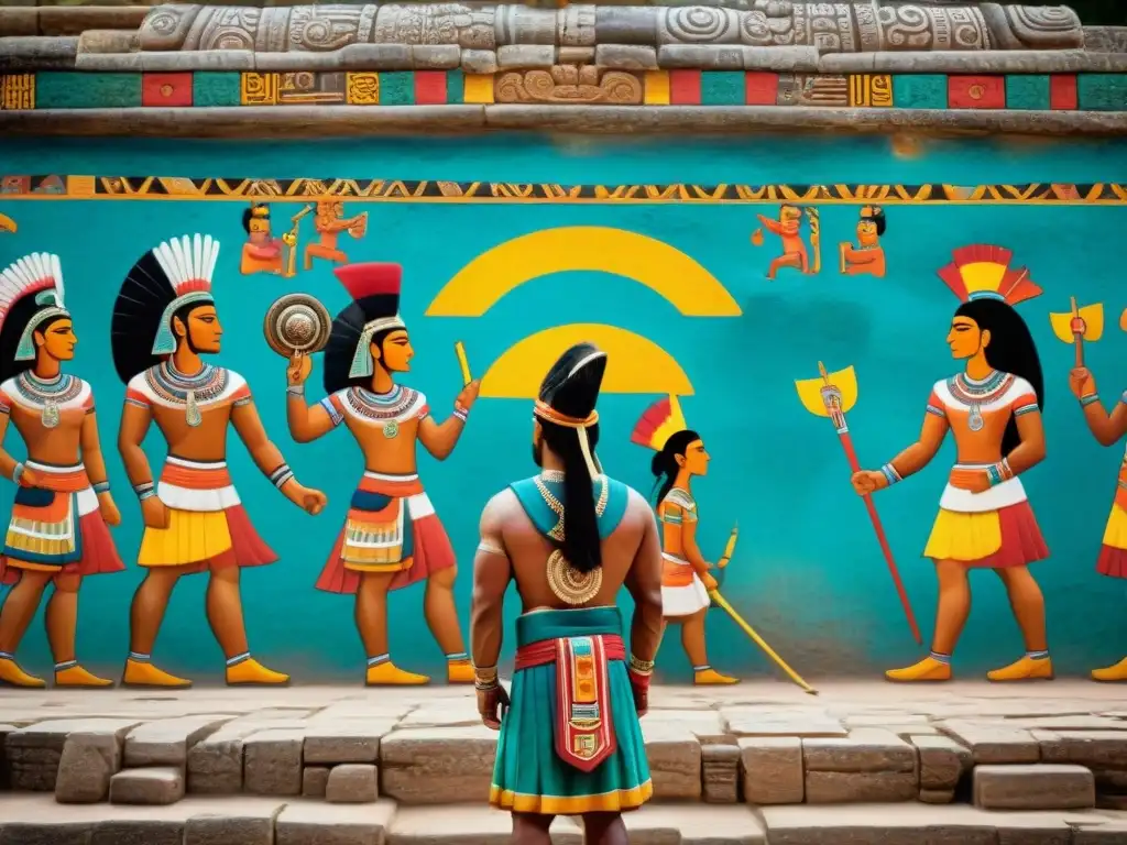 Detalle de frescos en la arquitectura maya del templo de Bonampak, con escenas vibrantes de la vida diaria y ceremonias rituales