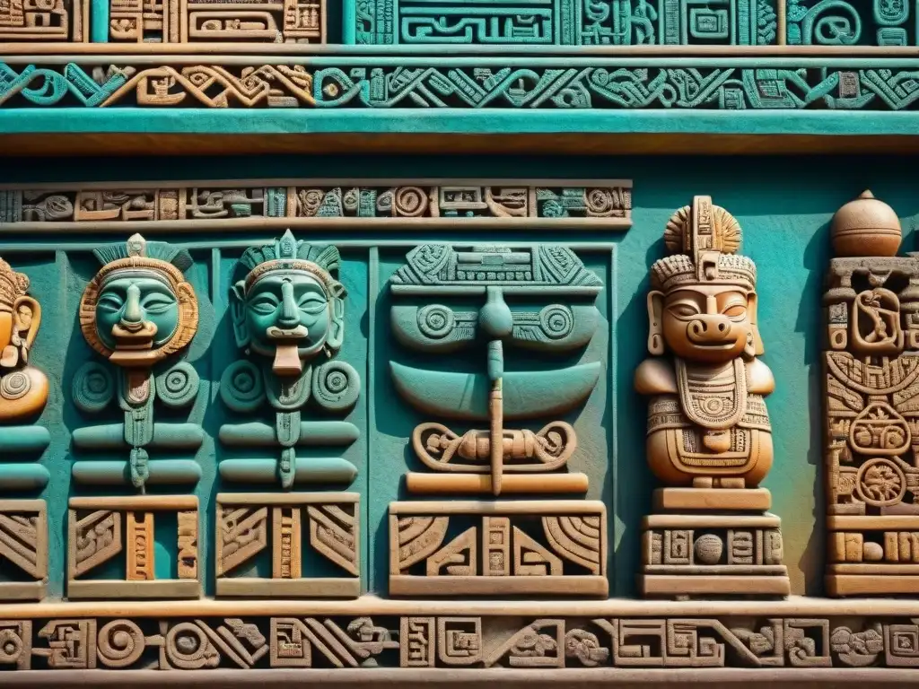 Detalles vívidos: Glifos mayas esculpidos en piedra Detalle de glifos mayas en piedra con pigmentos en arquitectura maya