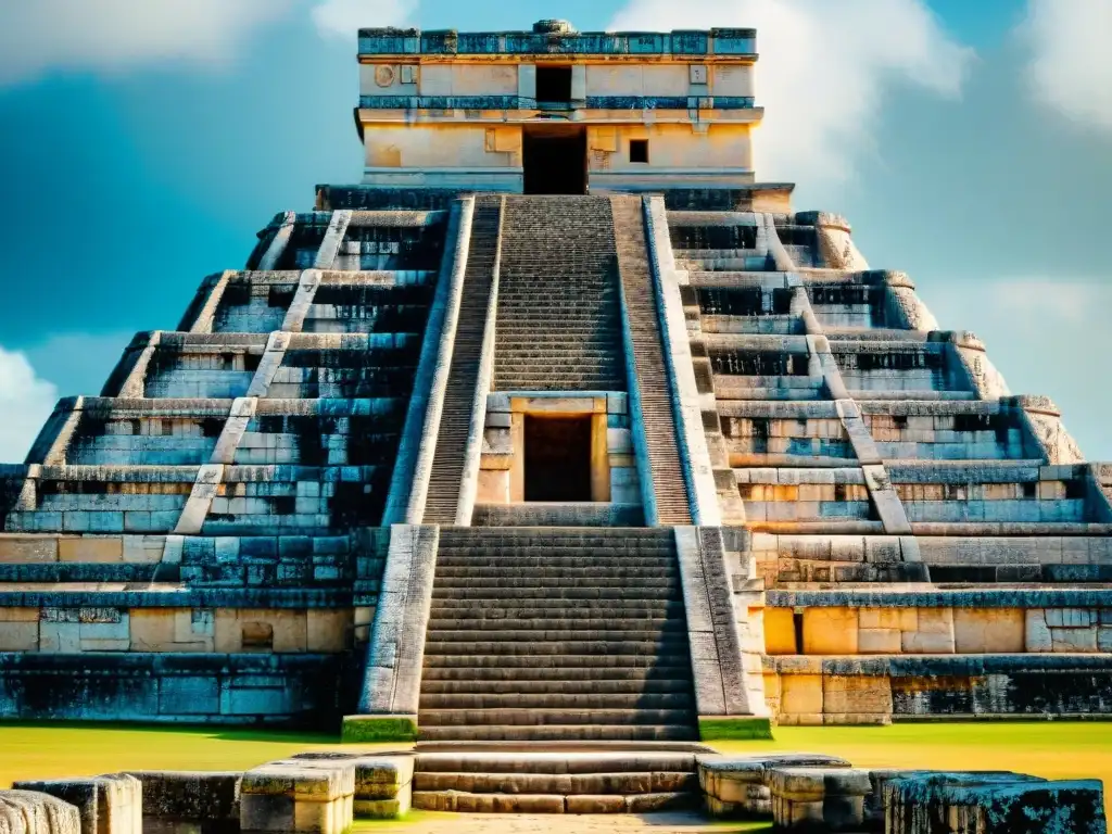 Detalle de los grabados y alineaciones astronómicas del observatorio maya en Chichen Itza, mostrando su esencia y precisión arquitectónica