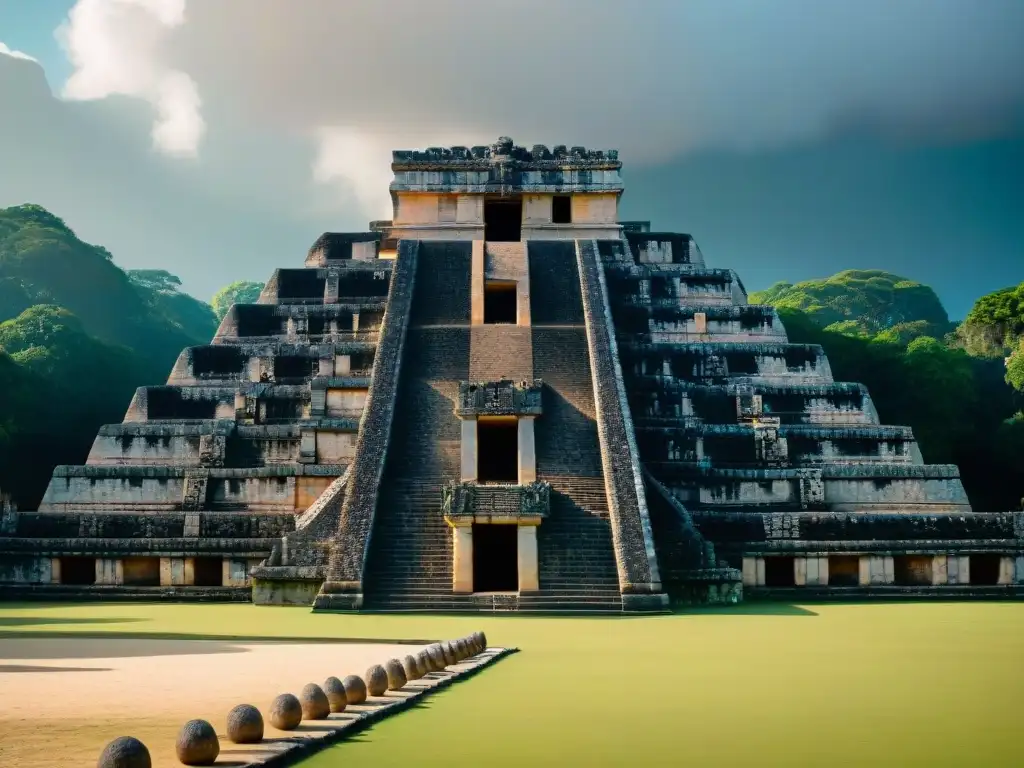 Detalle del Gran Juego de Pelota en Chichén Itzá, resaltando la importancia del Juego de Pelota Maya en la civilización antigua