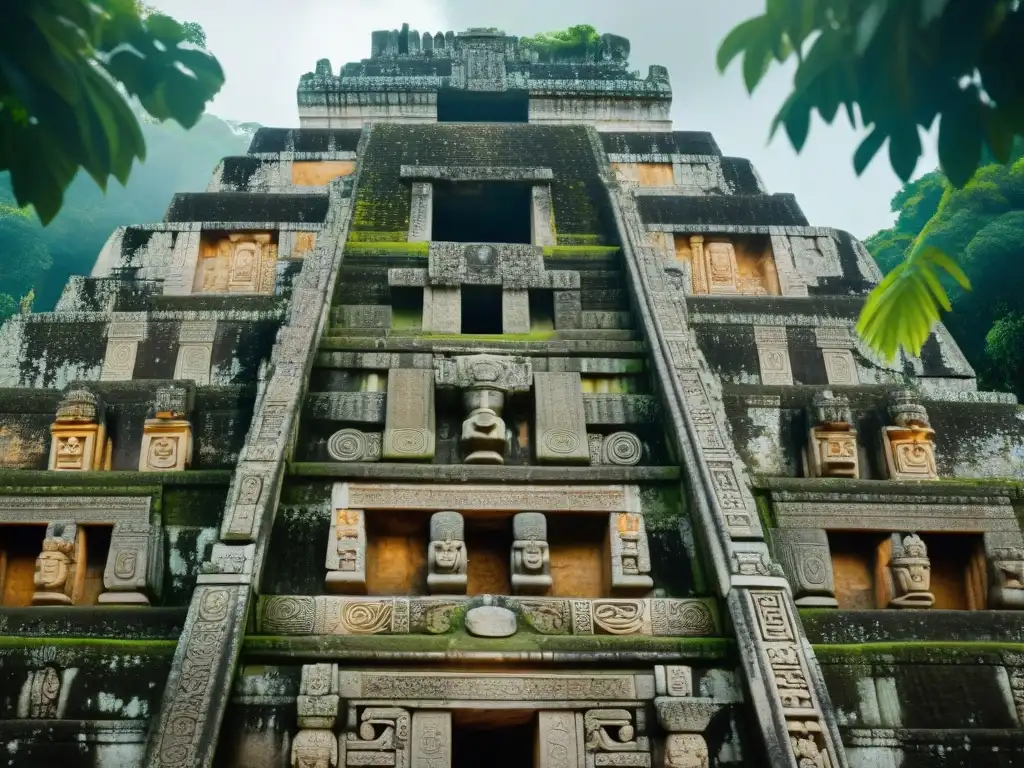 Detalle de la narración de historias en la arquitectura maya de Tikal, donde cada grabado cuenta una historia