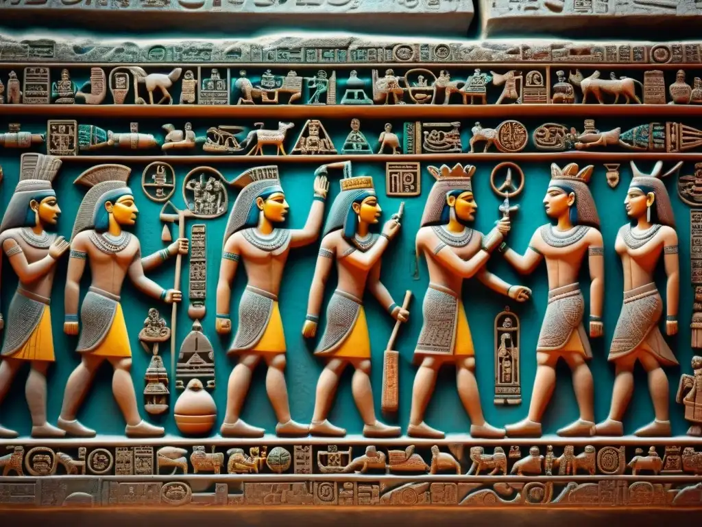 Escenas vibrantes de autosacrificio maya: jeroglíficos detallados en piedra Detalle impactante de jeroglíficos mayas antiguos tallados en piedra, mostrando rituales de autosacrificio con reyes, sacerdotes y víctimas