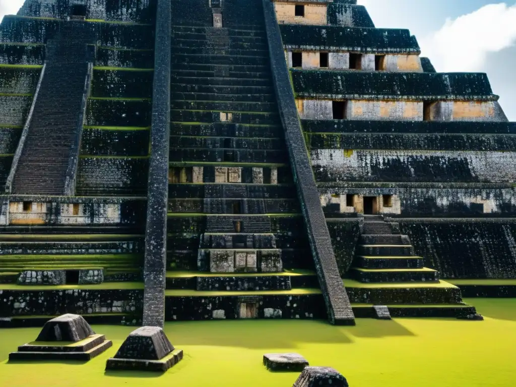 Detalle impresionante de las antiguas esculturas y jeroglíficos en la fachada del Castillo en Xunantunich, evocando historia y misterio maya