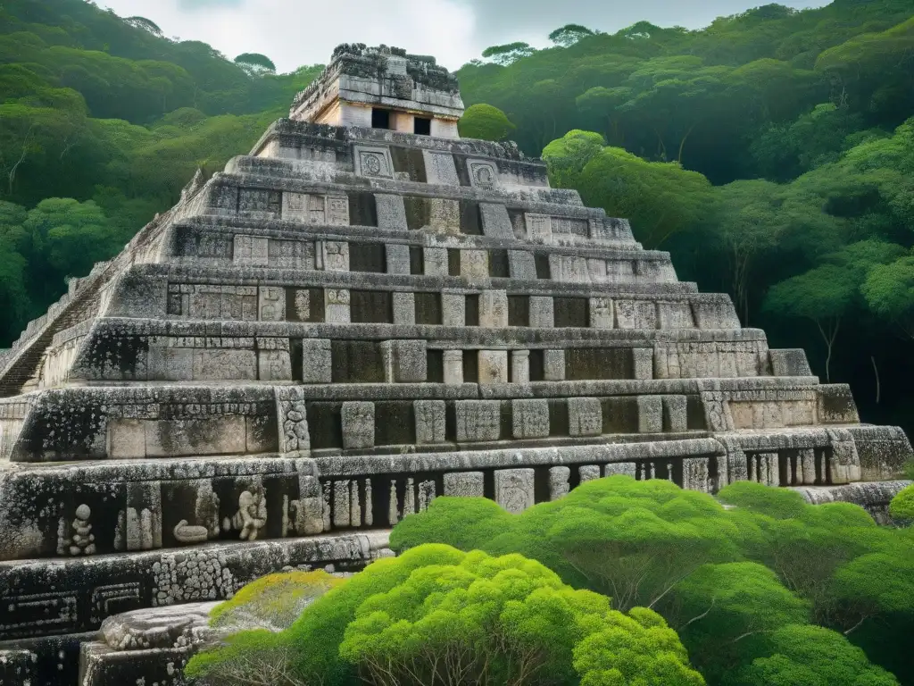 Detalle impresionante de las antiguas inscripciones en monumento de Calakmul