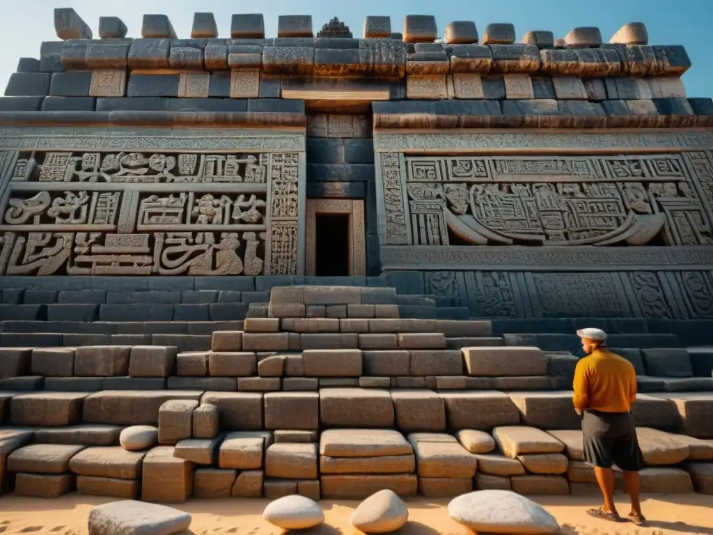 Detalle impresionante de las antiguas ruinas de Kabah, destacando la artesanía maya