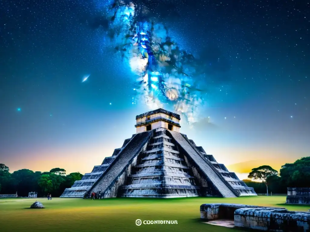 Detalle impresionante de las antiguas tallas de piedra en la observatorio maya de Chichén Itzá, mostrando la alineación con la Vía Láctea