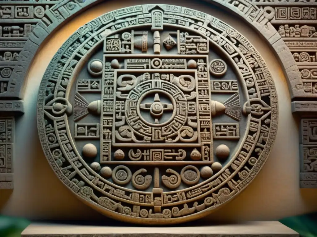 Detalle impresionante del antiguo calendario matemático maya esculpido en piedra