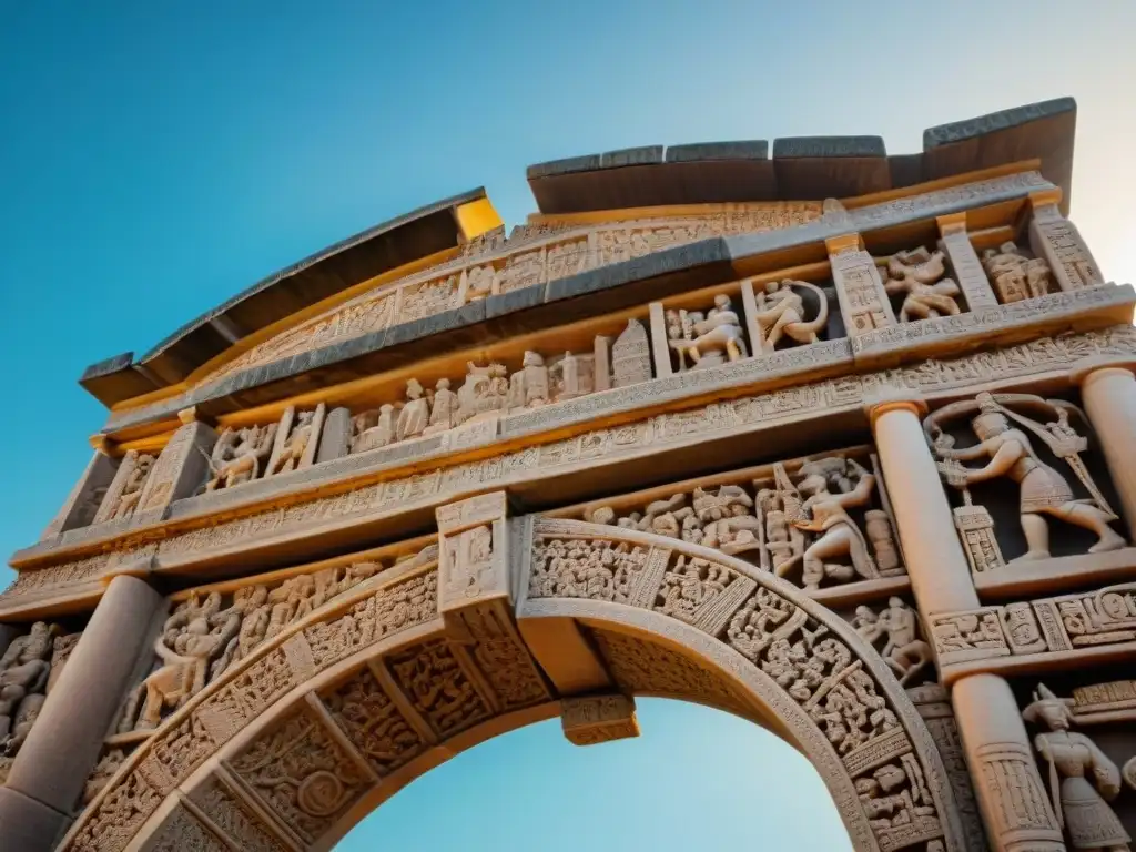 Detalle impresionante del arco falso en arquitectura maya, iluminado por la luz solar, exhibiendo intrincados grabados y glifos