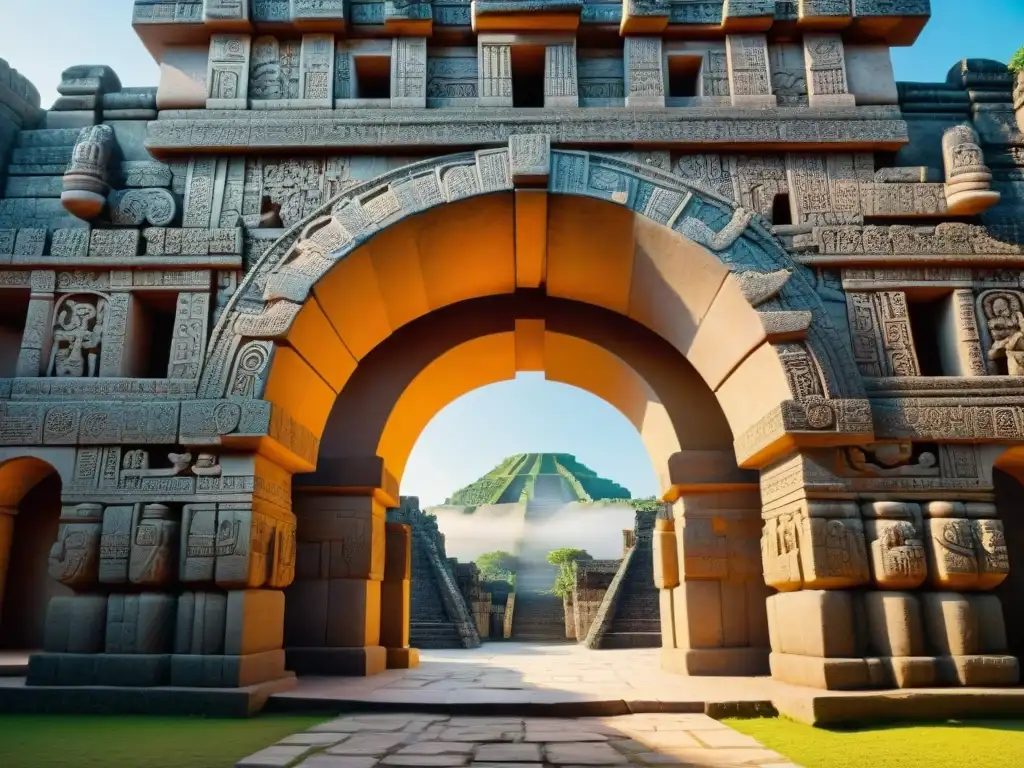 Detalle impresionante del Arco falso en arquitectura maya, resaltando luz y sombra en las intrincadas tallas de piedra