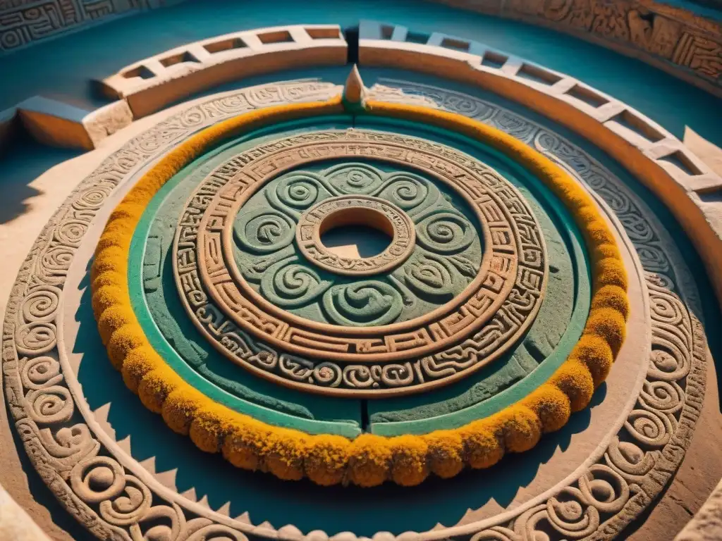 Detalle impresionante del aro maya del juego de pelota, resaltando su significado Pok Ta Pok Maya con colores vibrantes y texturas