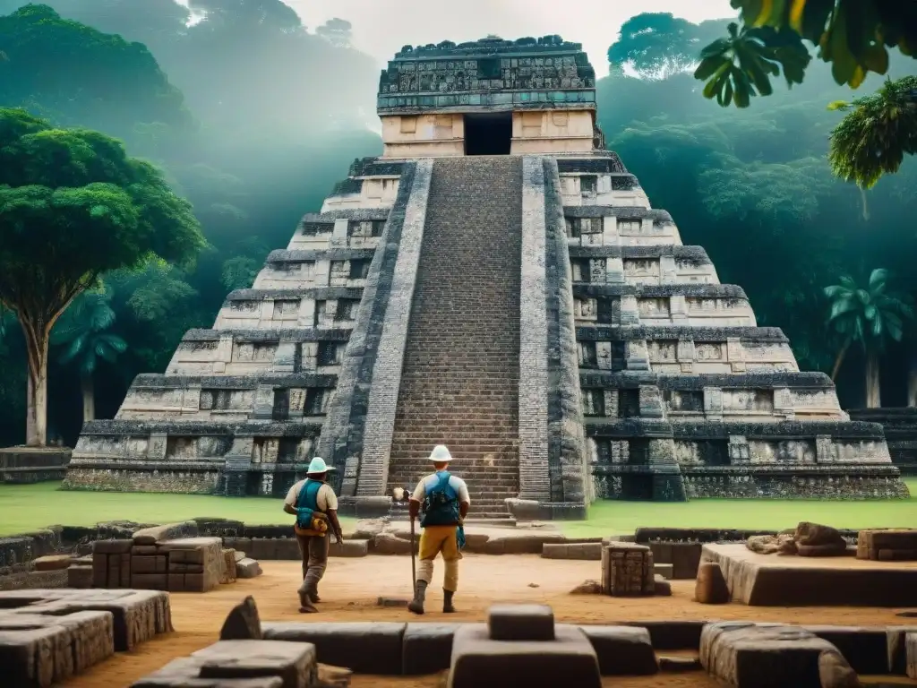 Detalle impresionante de arqueólogos excavando un templo maya, con grabados y glifos antiguos de fondo