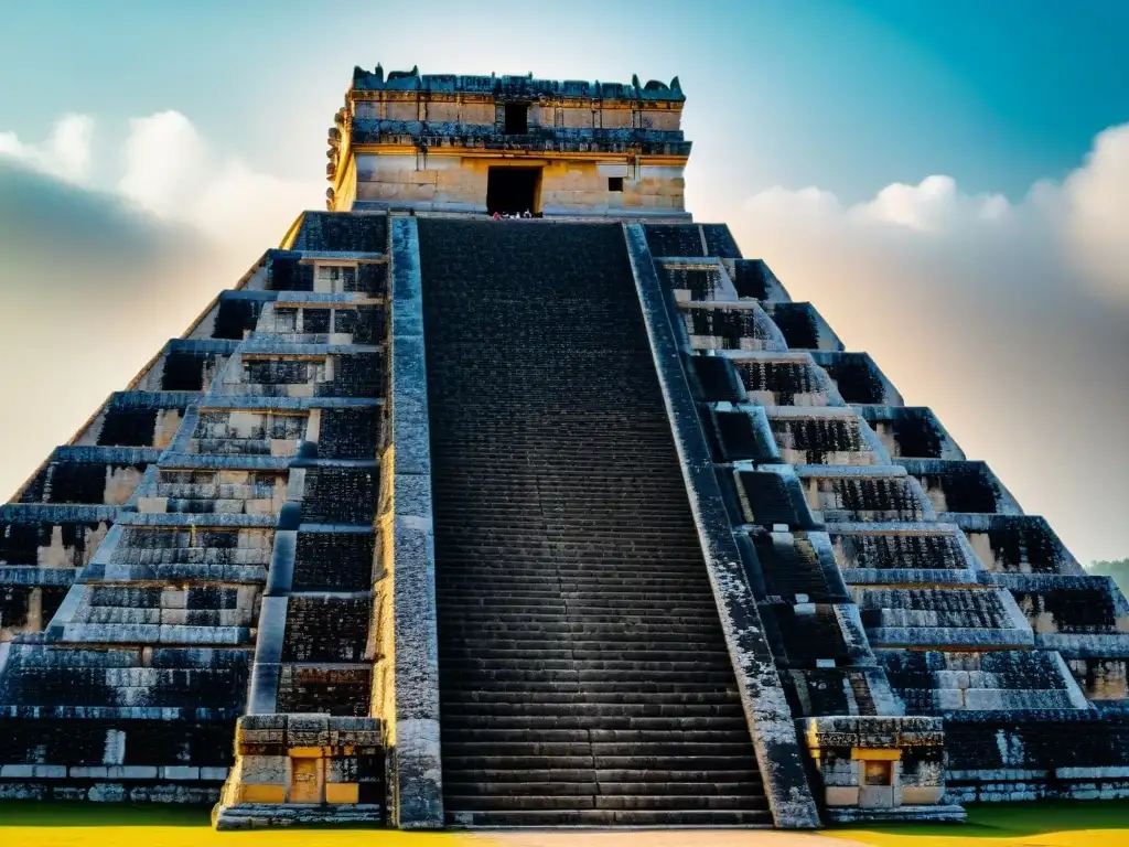 Detalle impresionante de la icónica Pirámide de Kukulkán en Chichén Itzá, resaltando su arquitectura y juegos de luz y sombra