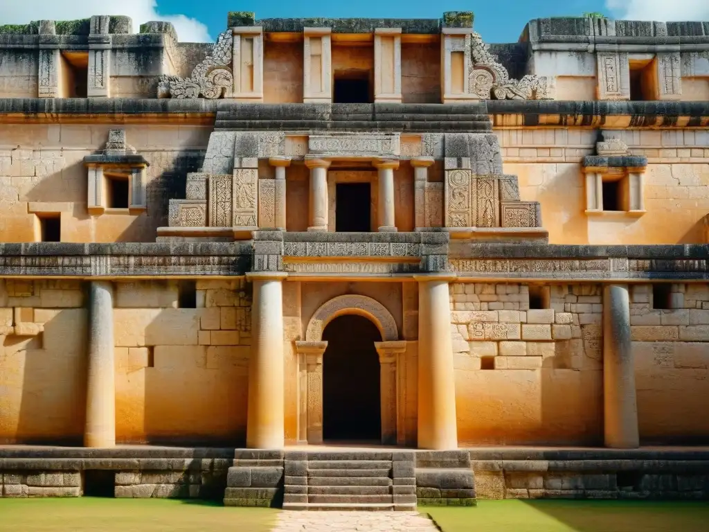 Detalle impresionante de la arquitectura maya en el Cuadrángulo de las Monjas en Uxmal, resaltando la herencia cultural maya turismo educativo