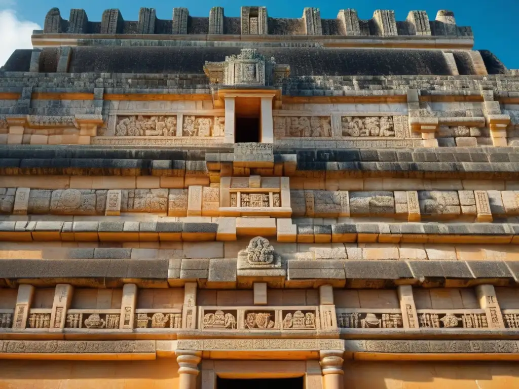 Detalle impresionante de la arquitectura maya en Uxmal: mosaicos de piedra iluminados por el sol y sombras que realzan las esculturas