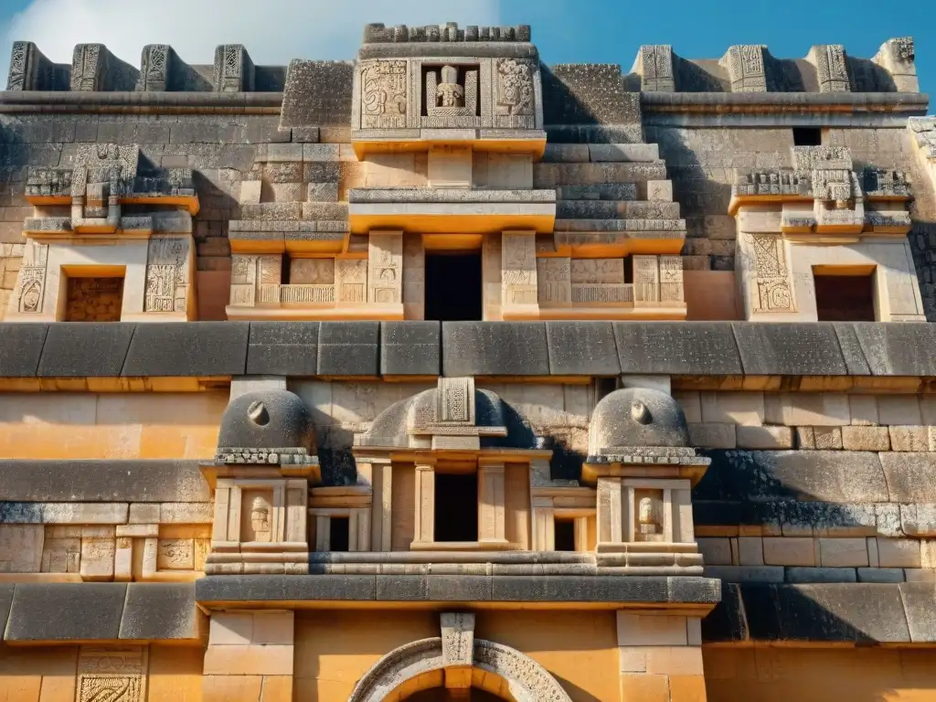 Detalle impresionante de la arquitectura maya en Uxmal: Intrincados patrones geométricos y grabados en la fachada del Palacio del Gobernador