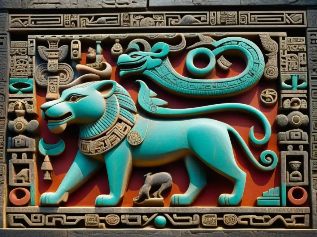 Detalle impresionante de un artefacto maya esculpido con figuras animales y símbolos