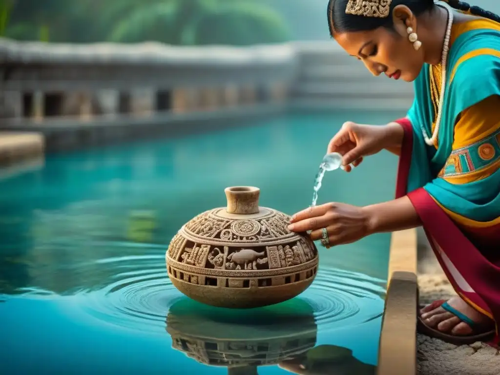 Detalle impresionante de un artefacto maya tallado, mostrando un ritual sagrado con simbolismo de agua