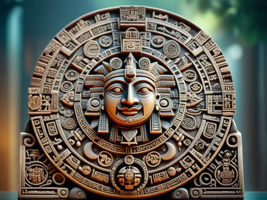 Detalle impresionante del Calendario Maya, mostrando ciclos largos y símbolos cosmogónicos