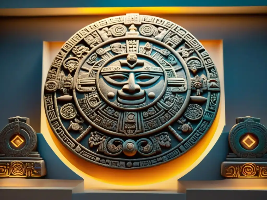 Detalle impresionante del Calendario maya, iluminado por luz cálida