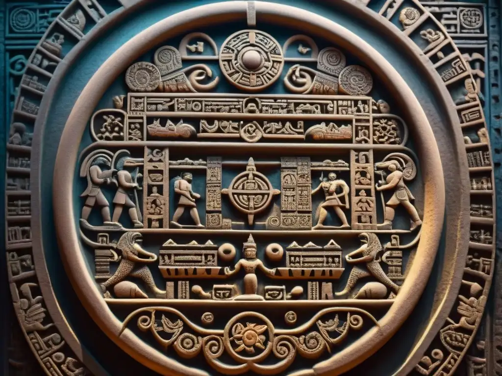 Detalle impresionante del calendario maya: tallado y símbolos iluminados en piedra, revelando la riqueza de la astrología y calendario maya