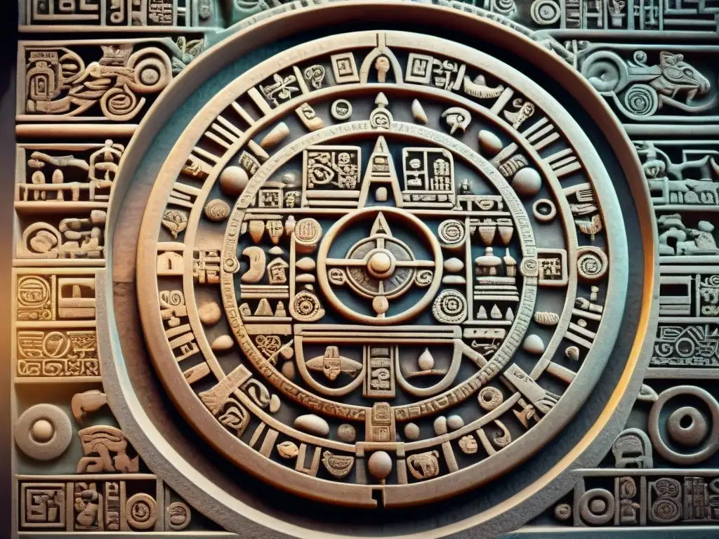 Detalle impresionante del calendario maya tallado con símbolos y glifos, resaltando su importancia cultural y astronómica