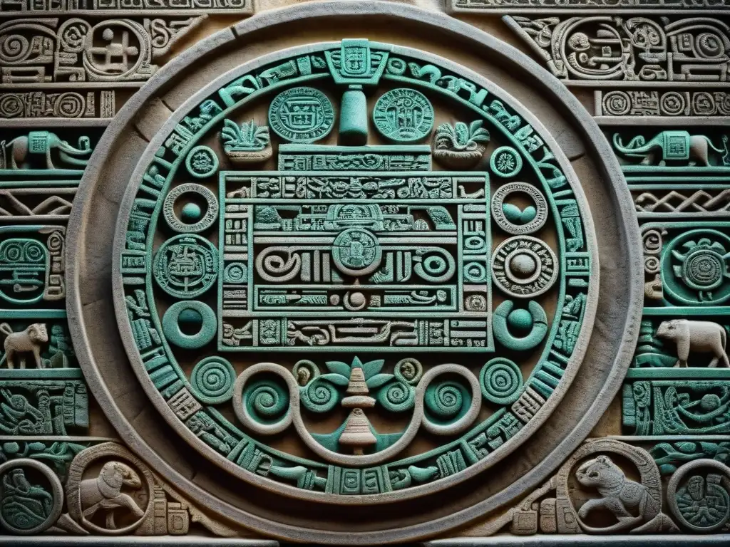 Detalle impresionante del Calendario Maya en una piedra antigua, simbolizando sabiduría ambiental y gestión agrícola