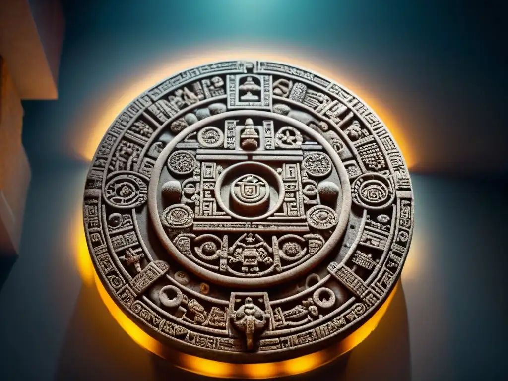 Detalle impresionante del calendario maya con conexiones astronómicas entre mayas, bañado por cálida luz solar