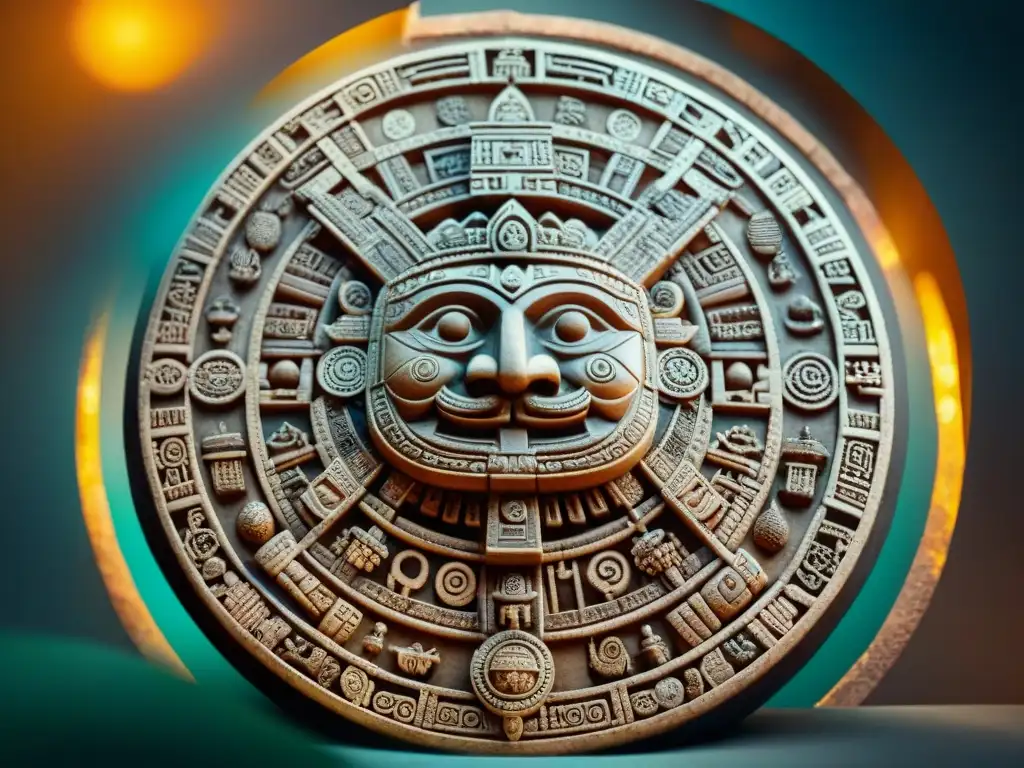 Detalle impresionante del calendario maya esculpido, reflejando la precisión y arte de los antiguos sistemas calendáricos artefactos mayas