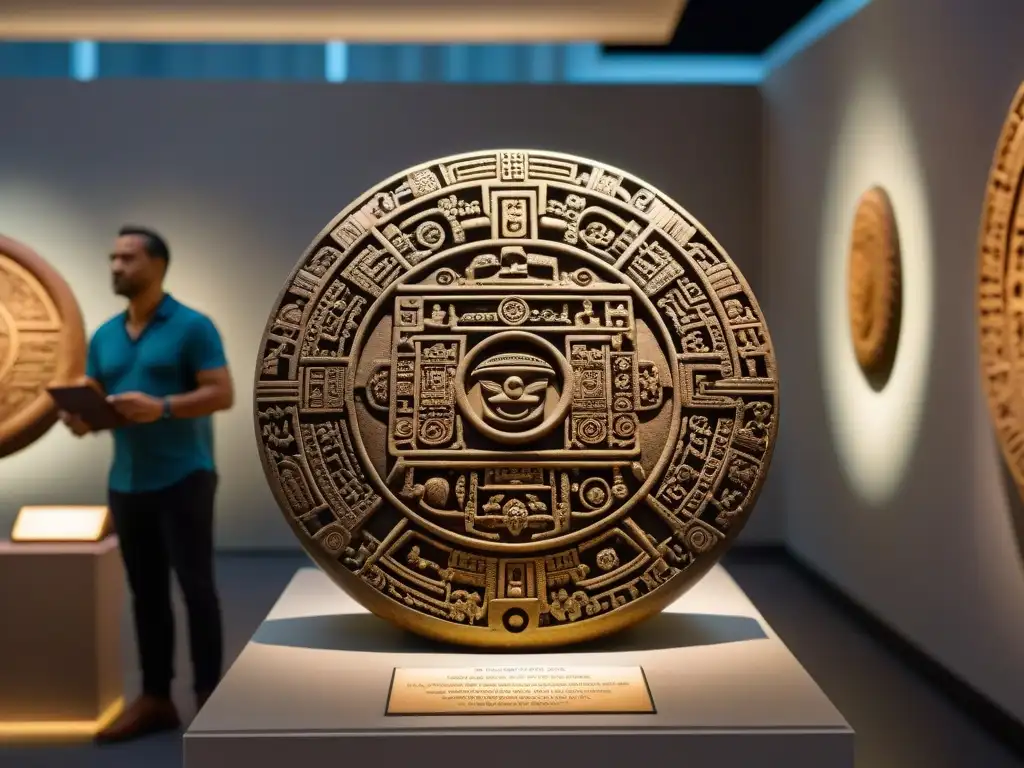 Detalle impresionante del Calendario Maya en réplica, destacando su artesanía