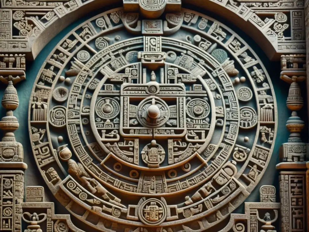 Detalle impresionante del calendario maya esculpido en piedra, reflejando la precisión y significado de la Astronomía en la adoración maya