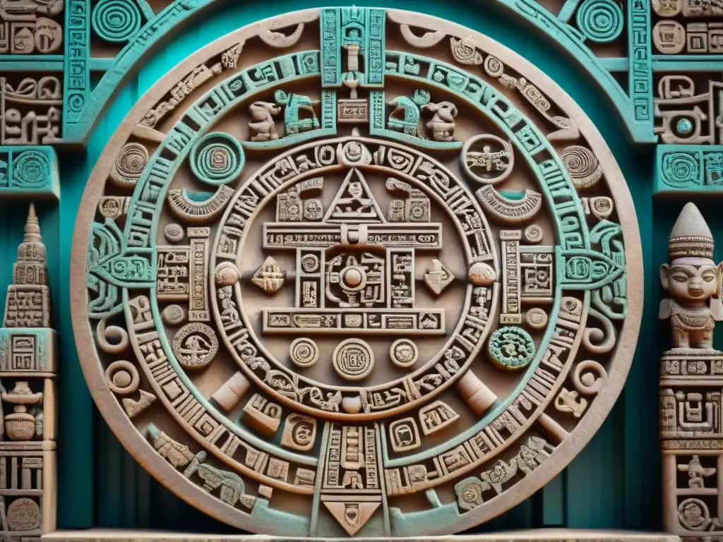 Detalle impresionante del Calendario Maya, destacando su precisión astronómica y complejidad de símbolos