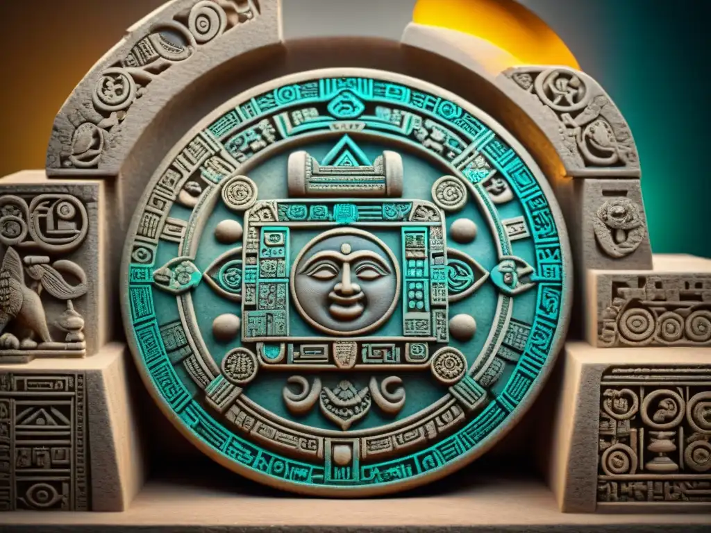 Detalle impresionante del calendario maya siglo XXI relevancia, con colores vibrantes y texturas que resaltan su importancia histórica