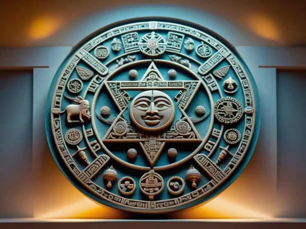 Detalle impresionante del calendario maya tradicional iluminado por el sol, resaltando su intrincada artesanía